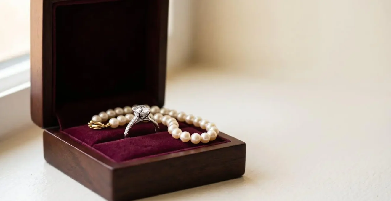 Coffret à bijoux ouvert avec bague de fiançailles en diamant et perles fines sur velours