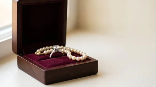Coffret à bijoux ouvert avec bague de fiançailles en diamant et perles fines sur velours