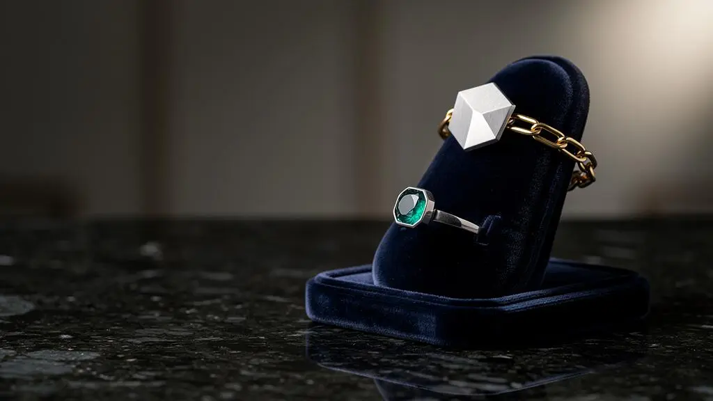 Bijoux de haute joaillerie signés exposés en lumière douce, symbolisant l'investissement patrimonial