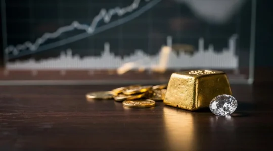 Composition éditoriale représentant l'intégration de l'or et des pierres précieuses dans une stratégie patrimoniale globale