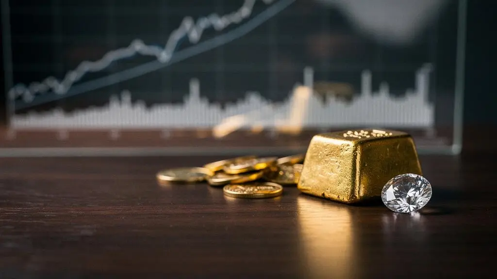 Composition éditoriale représentant l'intégration de l'or et des pierres précieuses dans une stratégie patrimoniale globale