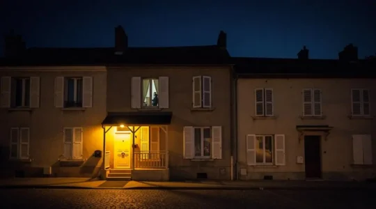 Silhouette d'une maison de nuit avec une lumière d'assistance rassurante, symbolisant les services d'assurance disponibles 24 heures sur 24