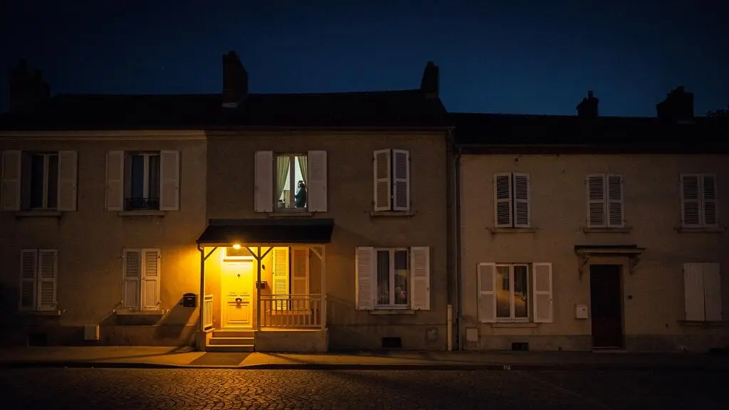 Silhouette d'une maison de nuit avec une lumière d'assistance rassurante, symbolisant les services d'assurance disponibles 24 heures sur 24