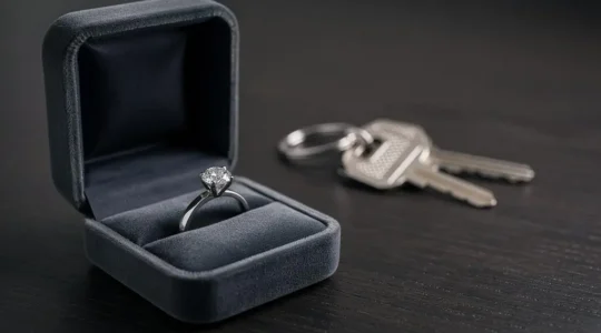 Bague en diamant posée sur un écrin ouvert à côté d'une clé de maison floue, symbolisant le choix entre assurance bijoux dédiée et extension habitation
