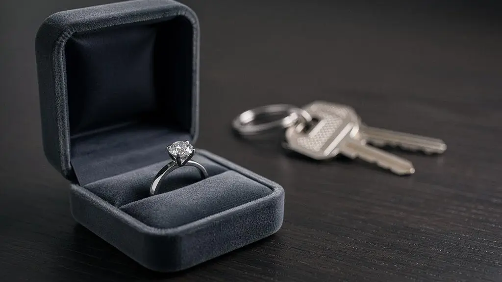 Bague en diamant posée sur un écrin ouvert à côté d'une clé de maison floue, symbolisant le choix entre assurance bijoux dédiée et extension habitation