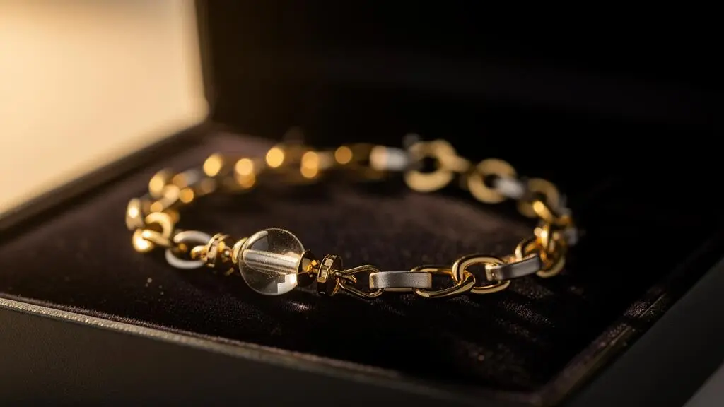 Gros plan élégant sur un bracelet à breloques en or et argent, mis en valeur dans un écrin ouvert évoquant la protection et la valeur sentimentale