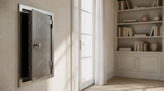 Coffre-fort encastré dans un mur en pierre d'une maison française, symbolisant la conformité aux exigences d'assurance habitation