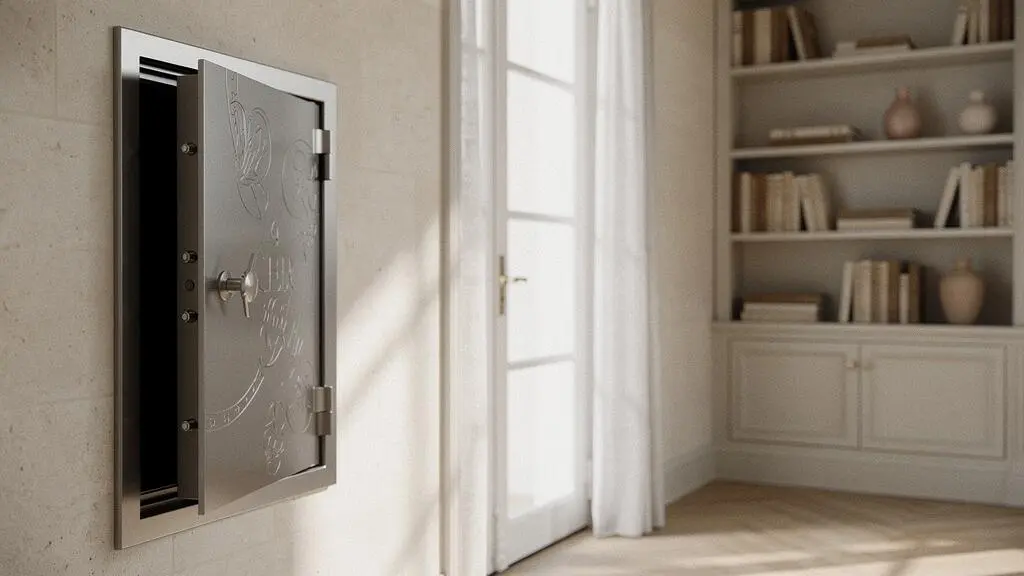 Coffre-fort encastré dans un mur en pierre d'une maison française, symbolisant la conformité aux exigences d'assurance habitation