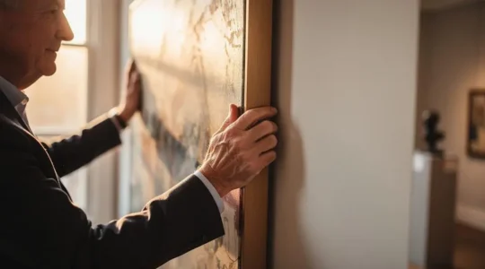Collectionneur ajustant avec soin un tableau de grande valeur dans un salon élégant, symbole de la protection totale d'une collection d'art