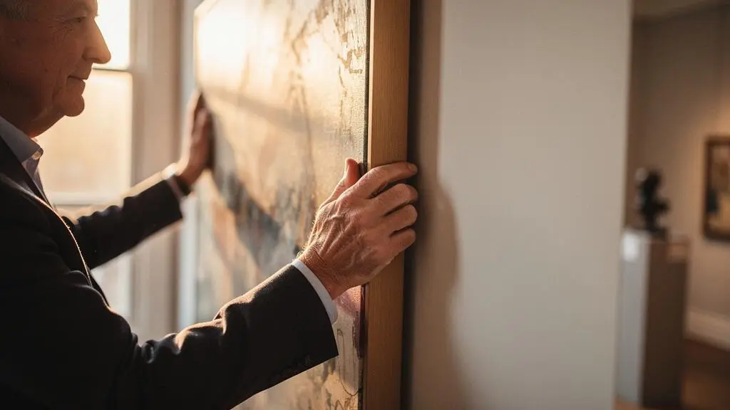 Collectionneur ajustant avec soin un tableau de grande valeur dans un salon élégant, symbole de la protection totale d'une collection d'art