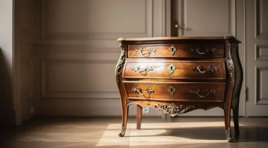 Commode ancienne en bois précieux photographiée en clair-obscur, symbolisant l'expertise et l'assurance des antiquités de valeur incertaine