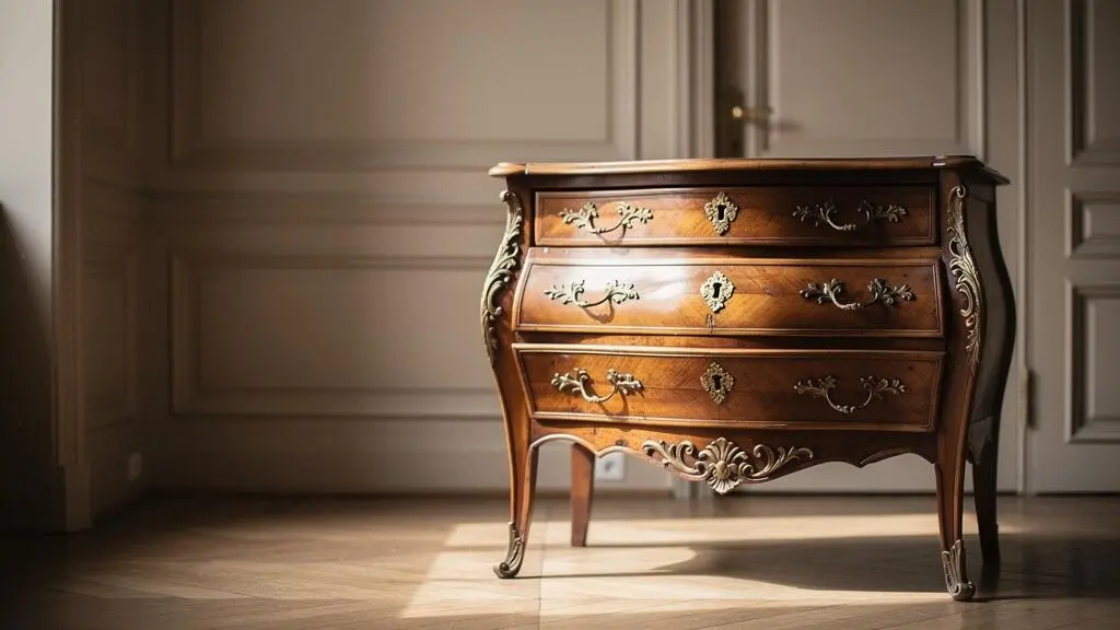 Commode ancienne en bois précieux photographiée en clair-obscur, symbolisant l'expertise et l'assurance des antiquités de valeur incertaine
