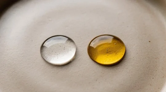 Gouttes d'eau et d'huile placées côte à côte illustrant le choix entre hydratation et nutrition cutanée