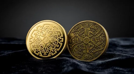 Deux pièces d'or en gros plan côte à côte, l'une lisse et moderne représentant une pièce boursable, l'autre patinée et ouvragée représentant une pièce de collection numismatique rare