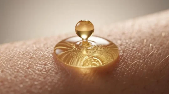Gros plan artistique sur deux textures de soin, une huileuse et une aqueuse, se rencontrant sur une peau, symbolisant le double nettoyage du visage