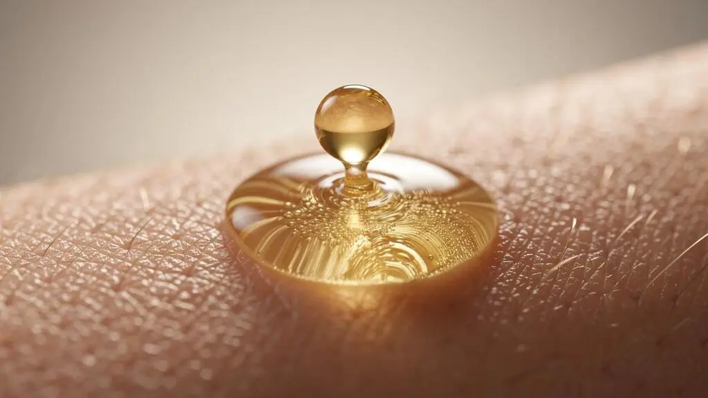 Gros plan artistique sur deux textures de soin, une huileuse et une aqueuse, se rencontrant sur une peau, symbolisant le double nettoyage du visage