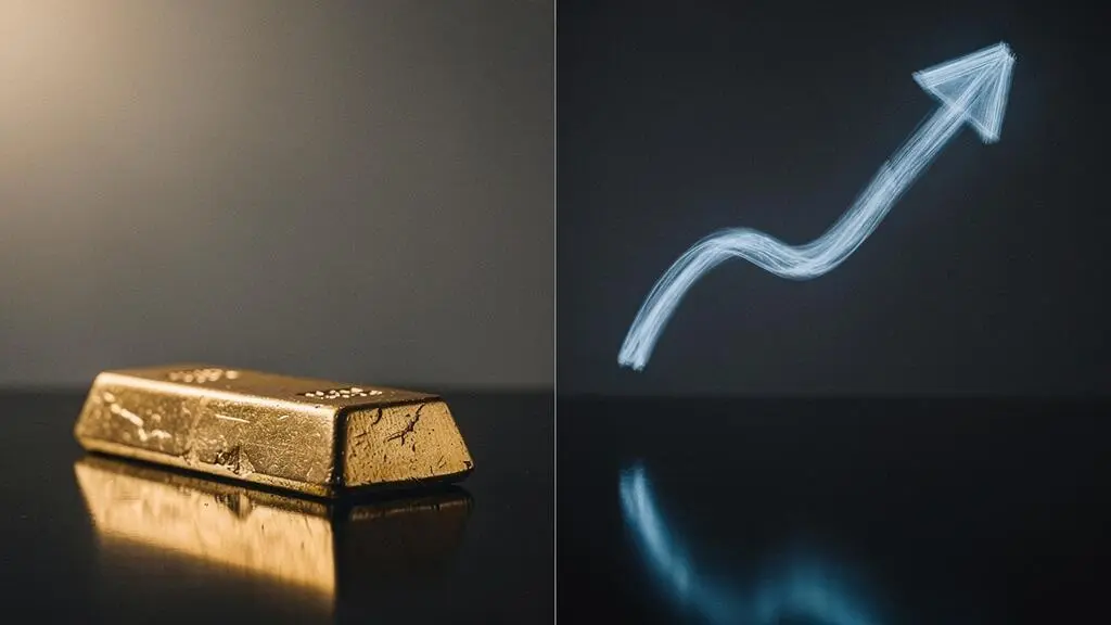 Composition symbolique opposant un lingot d'or massif à un graphique boursier lumineux représentant le choix entre réplication physique et synthétique
