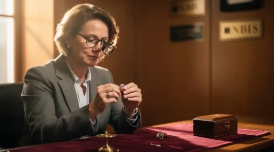 Un expert en joaillerie examine attentivement un bijou ancien à la loupe sur un bureau feutré, dans une ambiance chaleureuse et professionnelle