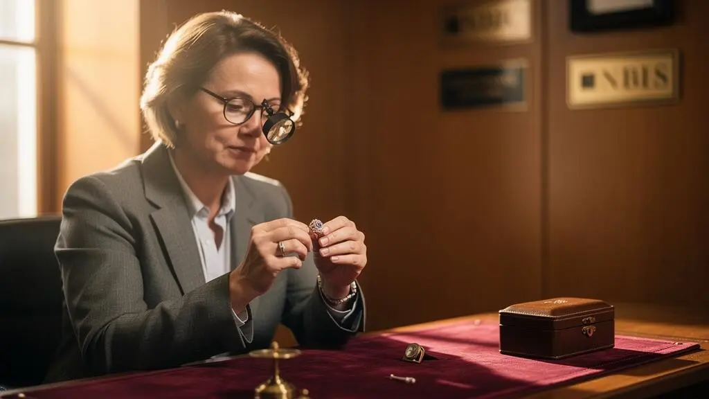 Un expert en joaillerie examine attentivement un bijou ancien à la loupe sur un bureau feutré, dans une ambiance chaleureuse et professionnelle