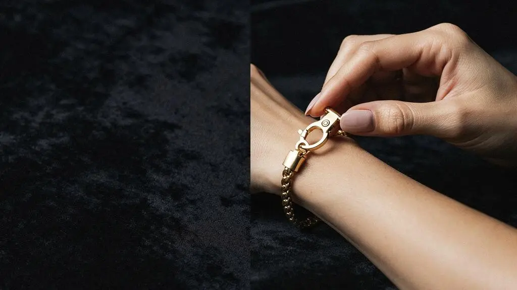 Gros plan élégant sur un fermoir de bijou en métal précieux tenu délicatement entre deux doigts, symbolisant la sécurité des bijoux
