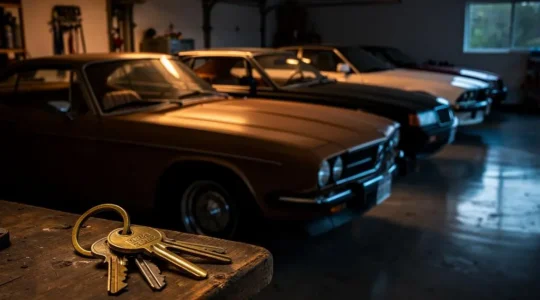 Rangée de voitures de collection alignées dans un garage privé élégant, symbolisant le regroupement de plusieurs véhicules sous un contrat d'assurance unique