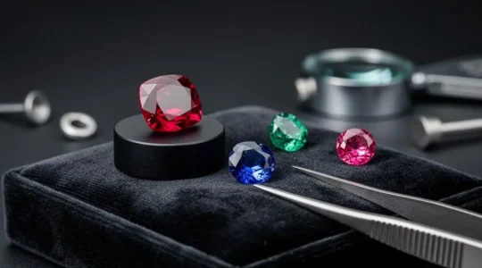 Composition éditoriale de gemmes de couleur non montées disposées sur un plateau de velours, évoquant la sélection d'une pierre précieuse à potentiel d'investissement