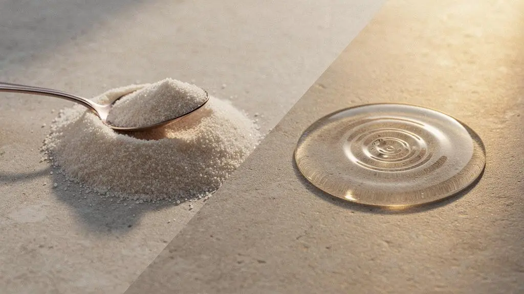 Comparaison visuelle entre une texture de grains exfoliants et une texture liquide translucide représentant le choix entre gommage mécanique et chimique