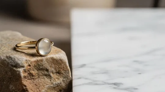 Bague en or éthique posée en lumière douce, symbole de l'équilibre entre valeur morale et investissement financier