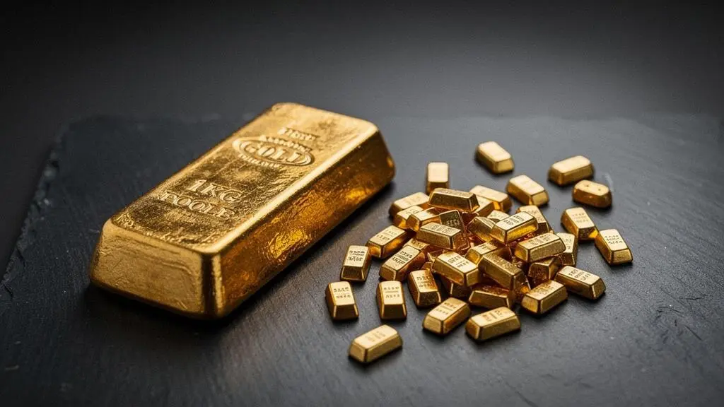 Un lingot d'or d'un kilogramme posé à côté de plusieurs petits lingotins d'or sur une surface sombre, illustrant le choix du format d'investissement.