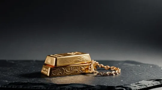 Lingots d'or et bijoux precieux poses en equilibre symbolique face a une composition evoquant les fluctuations des marches financiers
