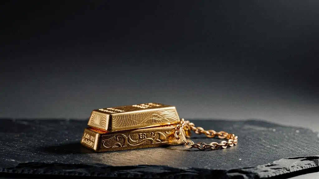 Lingots d'or et bijoux precieux poses en equilibre symbolique face a une composition evoquant les fluctuations des marches financiers