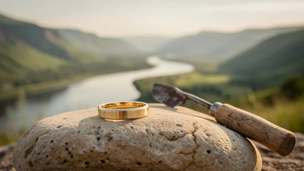 Bague en or posée en premier plan devant un paysage naturel préservé, symbole d'une extraction responsable et transparente