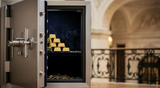 Lingots et pièces d'or soigneusement rangés dans un coffre-fort ouvert, évoquant la sécurité patrimoniale en France