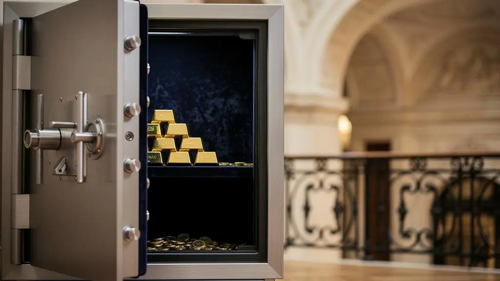 Lingots et pièces d'or soigneusement rangés dans un coffre-fort ouvert, évoquant la sécurité patrimoniale en France