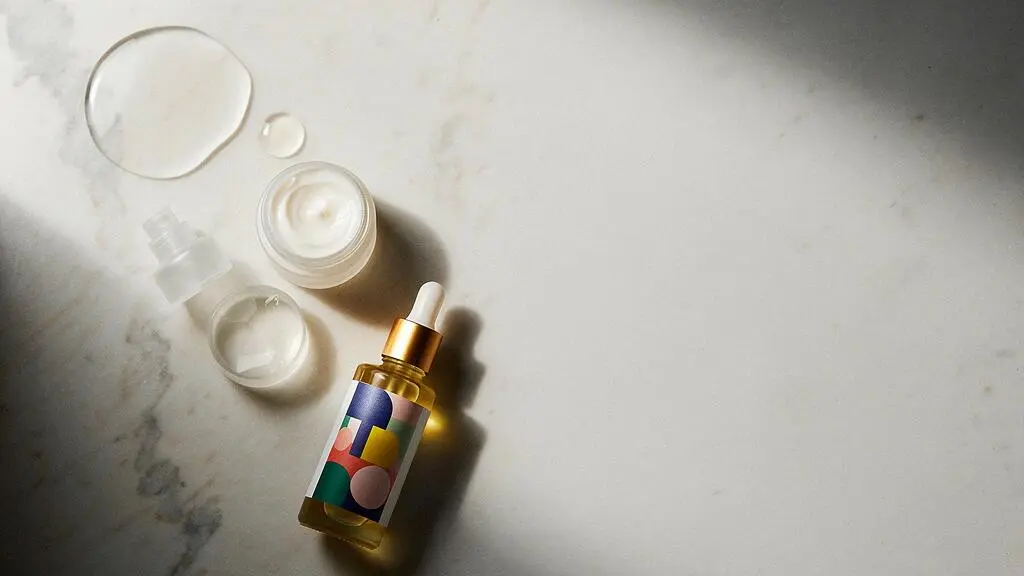 Flacons de sérum, crème et huile de soin visage disposés du plus liquide au plus riche sur une coiffeuse épurée