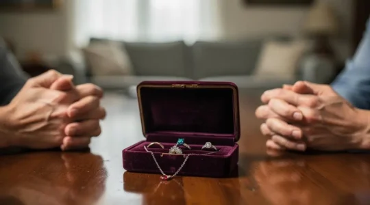 Écrin ouvert contenant des bijoux anciens de famille, posé sur une table en bois, symbole du partage d'un héritage entre frères et sœurs.