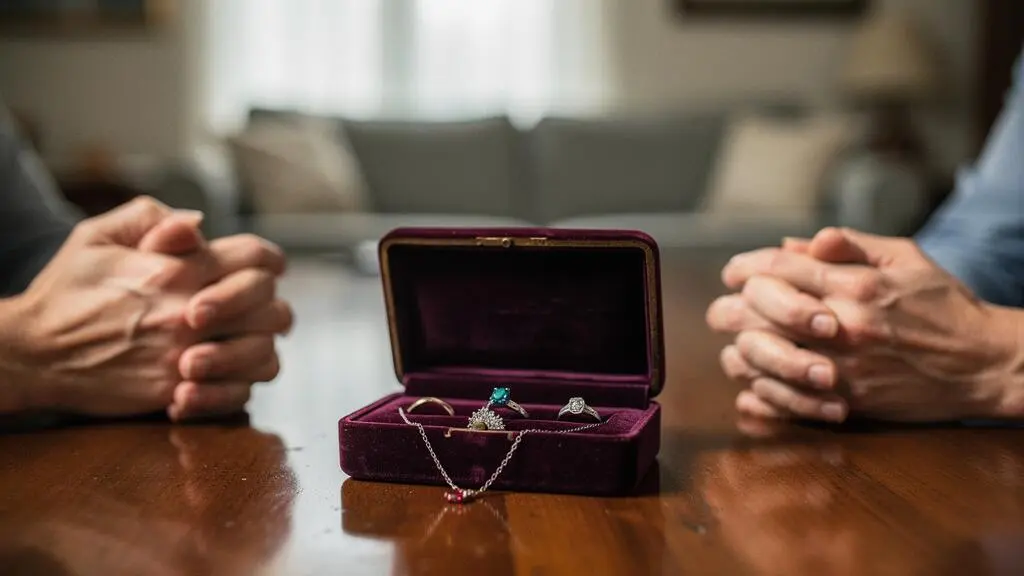 Écrin ouvert contenant des bijoux anciens de famille, posé sur une table en bois, symbole du partage d'un héritage entre frères et sœurs.