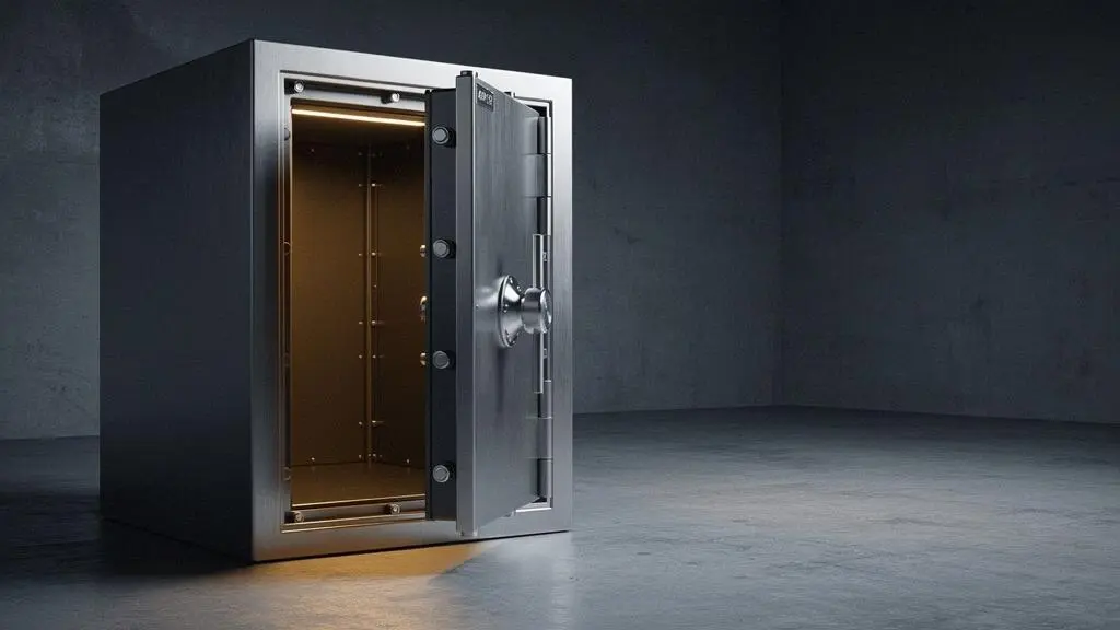 Porte massive d'un coffre-fort blindé entrouverte, laissant filtrer une lumière chaude, symbole de la sécurité certifiée exigée par les assureurs