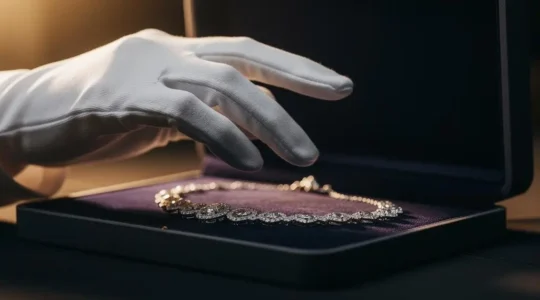 Mains gantées de blanc déposant délicatement un collier de haute joaillerie dans un écrin capitonné, symbole de la préservation de la valeur des bijoux