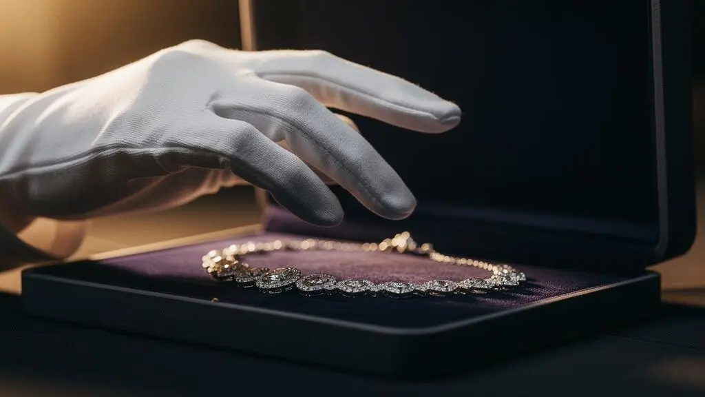 Mains gantées de blanc déposant délicatement un collier de haute joaillerie dans un écrin capitonné, symbole de la préservation de la valeur des bijoux
