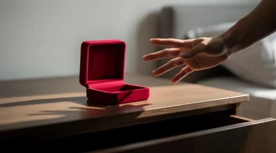Écrin à bijoux vide ouvert sur une commode, éclairé par la lumière froide de l'aube, symbolisant l'urgence des premières 24 heures après un vol.