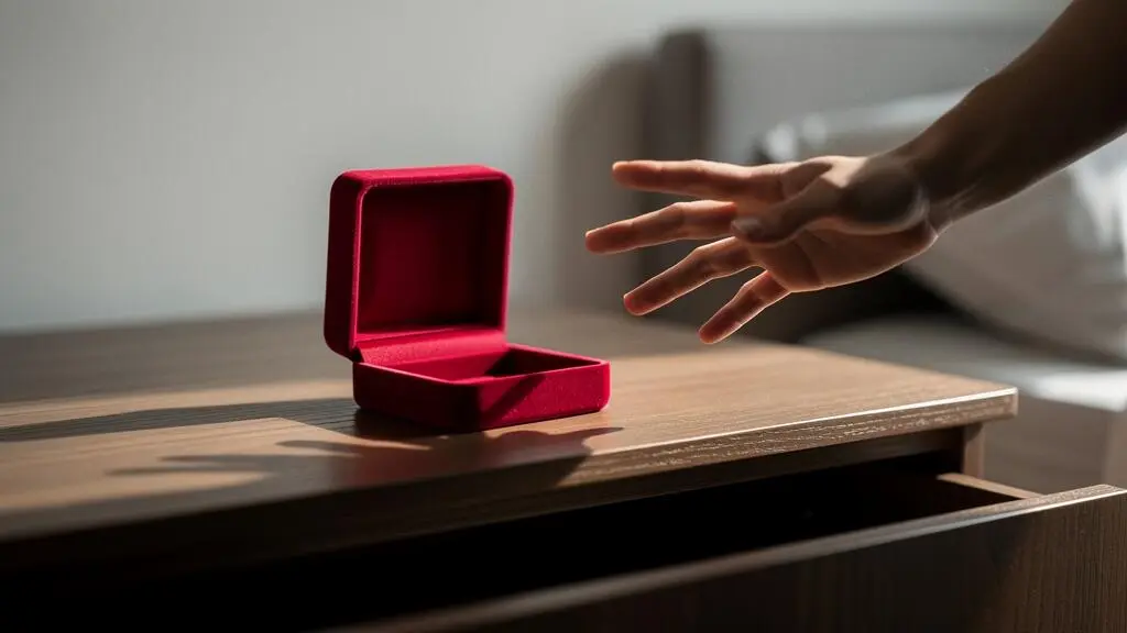 Écrin à bijoux vide ouvert sur une commode, éclairé par la lumière froide de l'aube, symbolisant l'urgence des premières 24 heures après un vol.