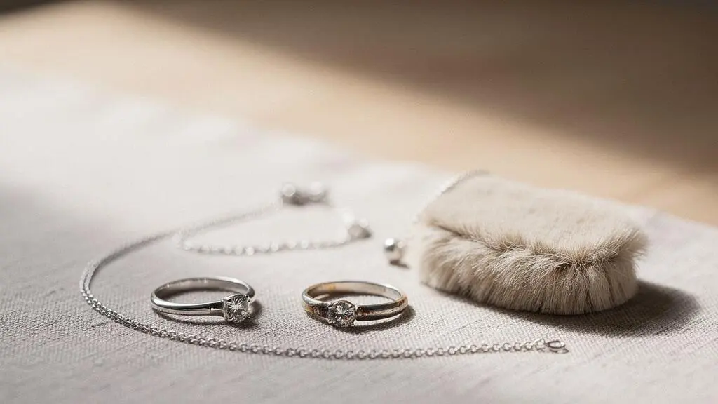 Bijoux en argent 925 disposés avec soin, illustrant l'authenticité, l'entretien et la valeur à préserver