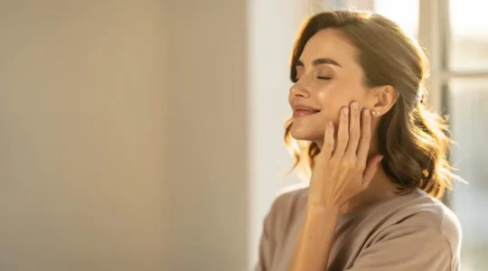 Femme au regard serein pratiquant un geste de soin du visage dans une lumière naturelle douce, symbolisant l'équilibre entre beauté extérieure et bien-être intérieur