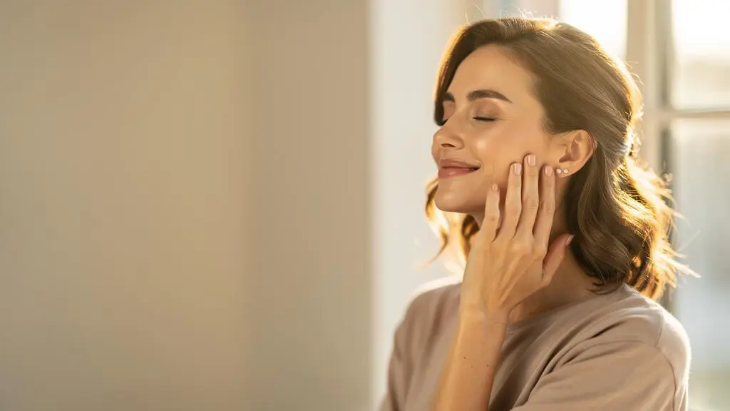 Femme au regard serein pratiquant un geste de soin du visage dans une lumière naturelle douce, symbolisant l'équilibre entre beauté extérieure et bien-être intérieur