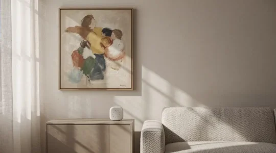 Peinture ancienne accrochee dans un salon lumineux, protegee des variations climatiques et de la lumiere directe
