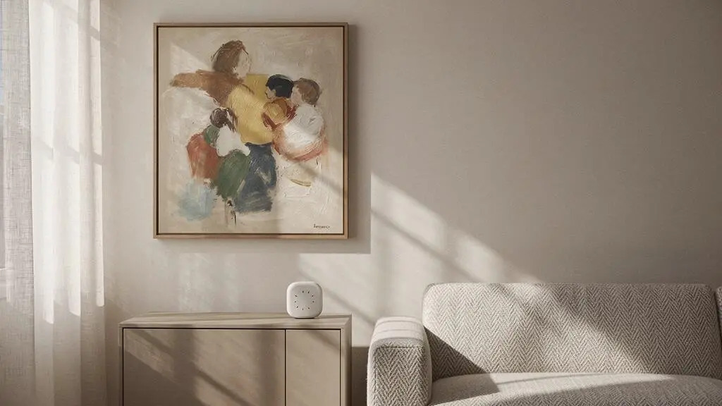 Peinture ancienne accrochee dans un salon lumineux, protegee des variations climatiques et de la lumiere directe