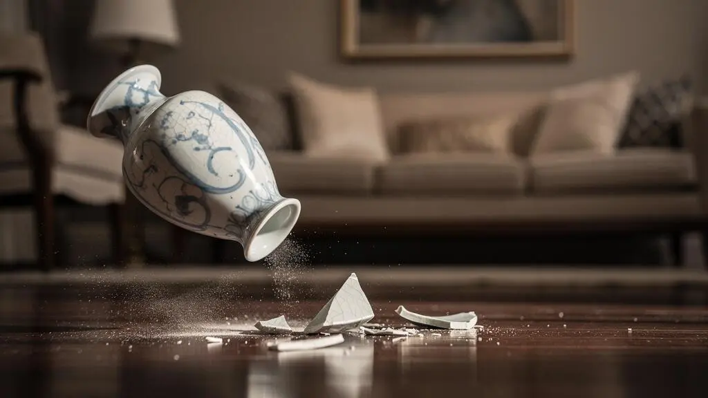 Vase en porcelaine ancien brisé au sol, symbole des limites de l'assurance habitation face aux objets précieux